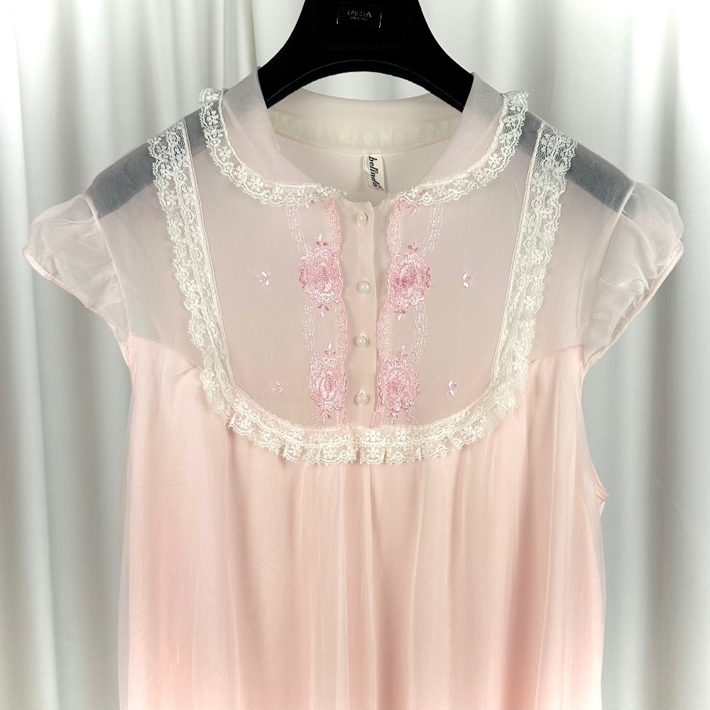 Vintage 60s Pink Sheer Nightgown | Belinda Lace Nylon Slip S/M - Picture 2 of 13